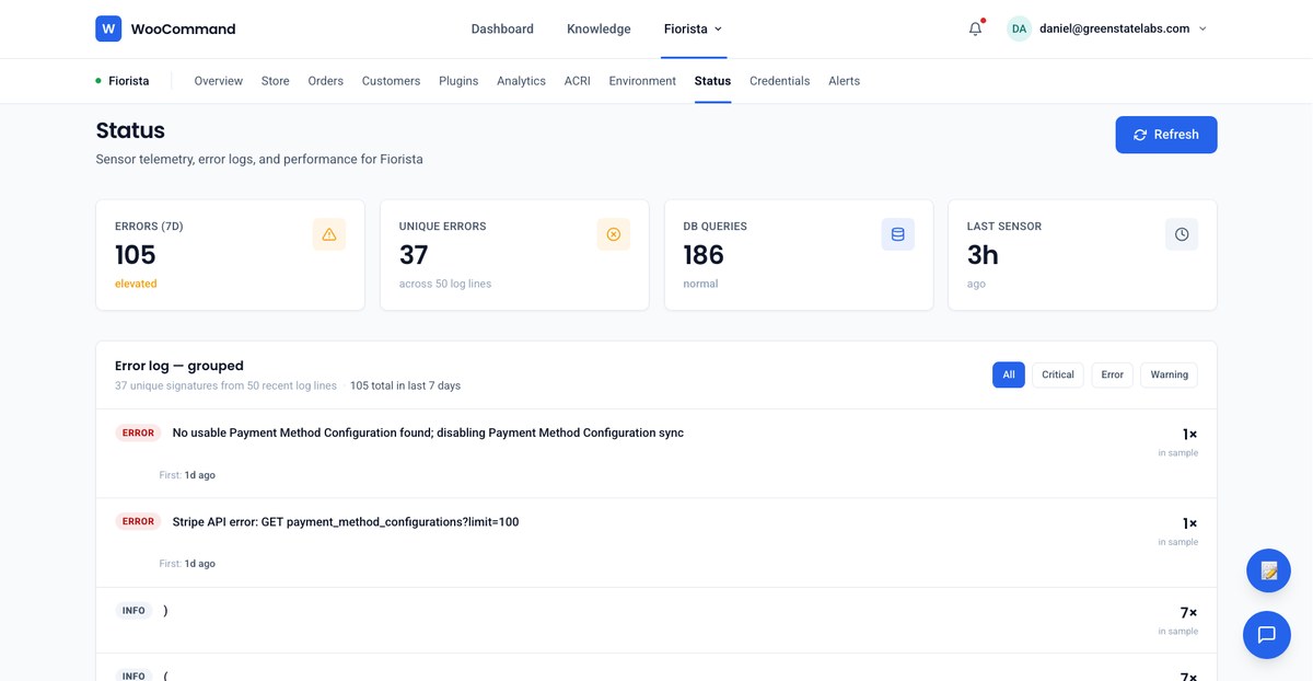 WooCommand store status monitoring with error detection